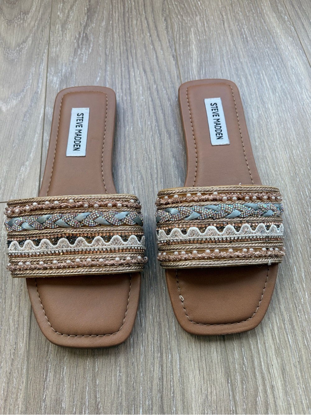 Steve Madden Tan Braided Bead Slide Sandals